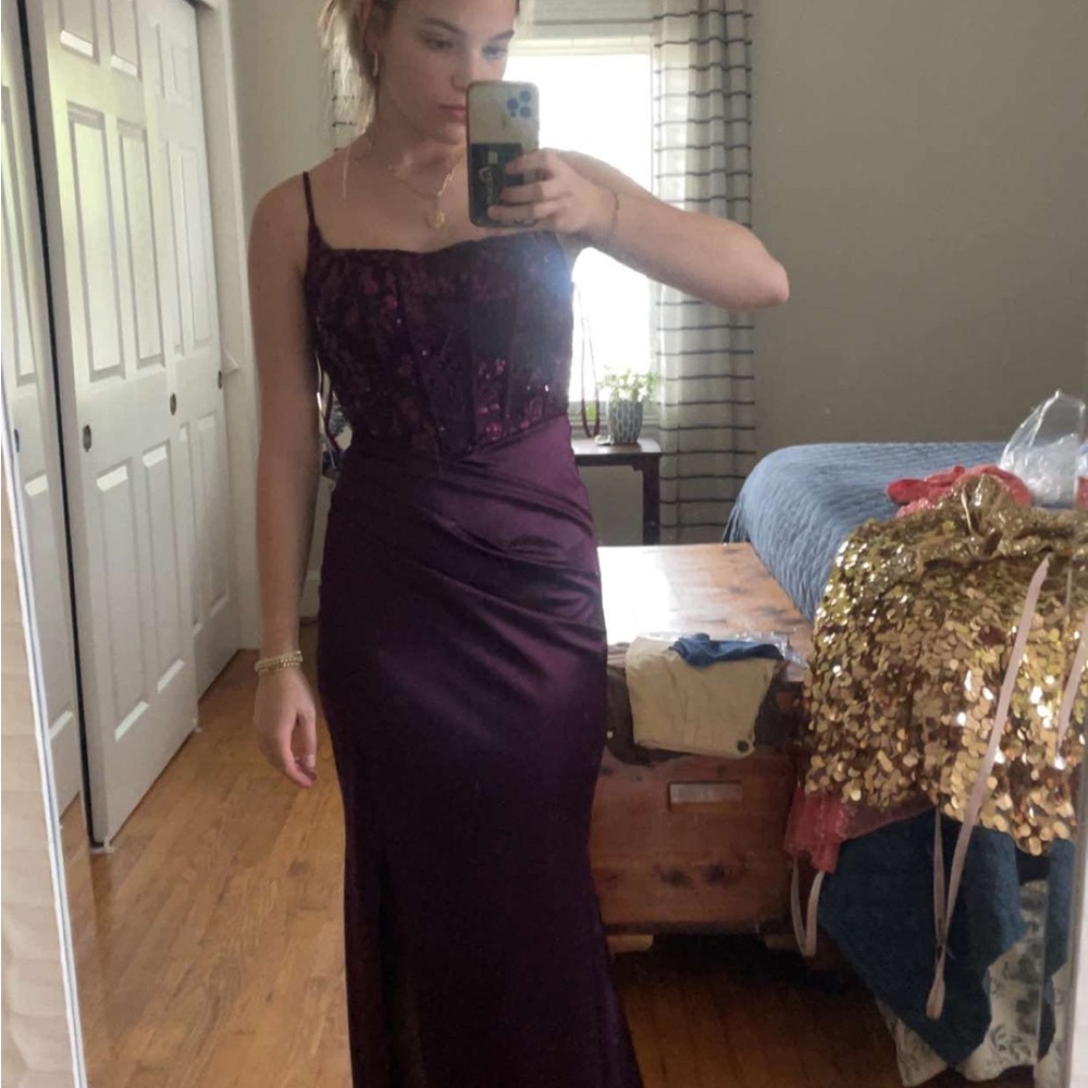 Purple Sequin Embellished Spaghetti Strap Prom Gown